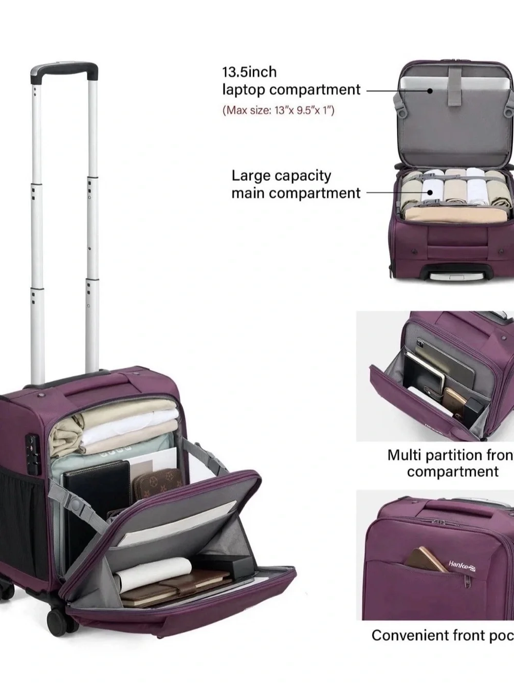 Hanke 16” Underseat Carry-On Luggage Small Softside Suitcase with Wheels Purple